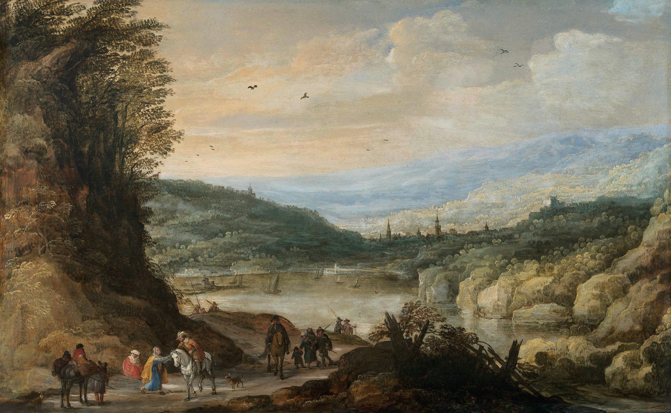 Oil painting of travellers on a road through a hilly river landscape, Joos de Momper, c. 1620